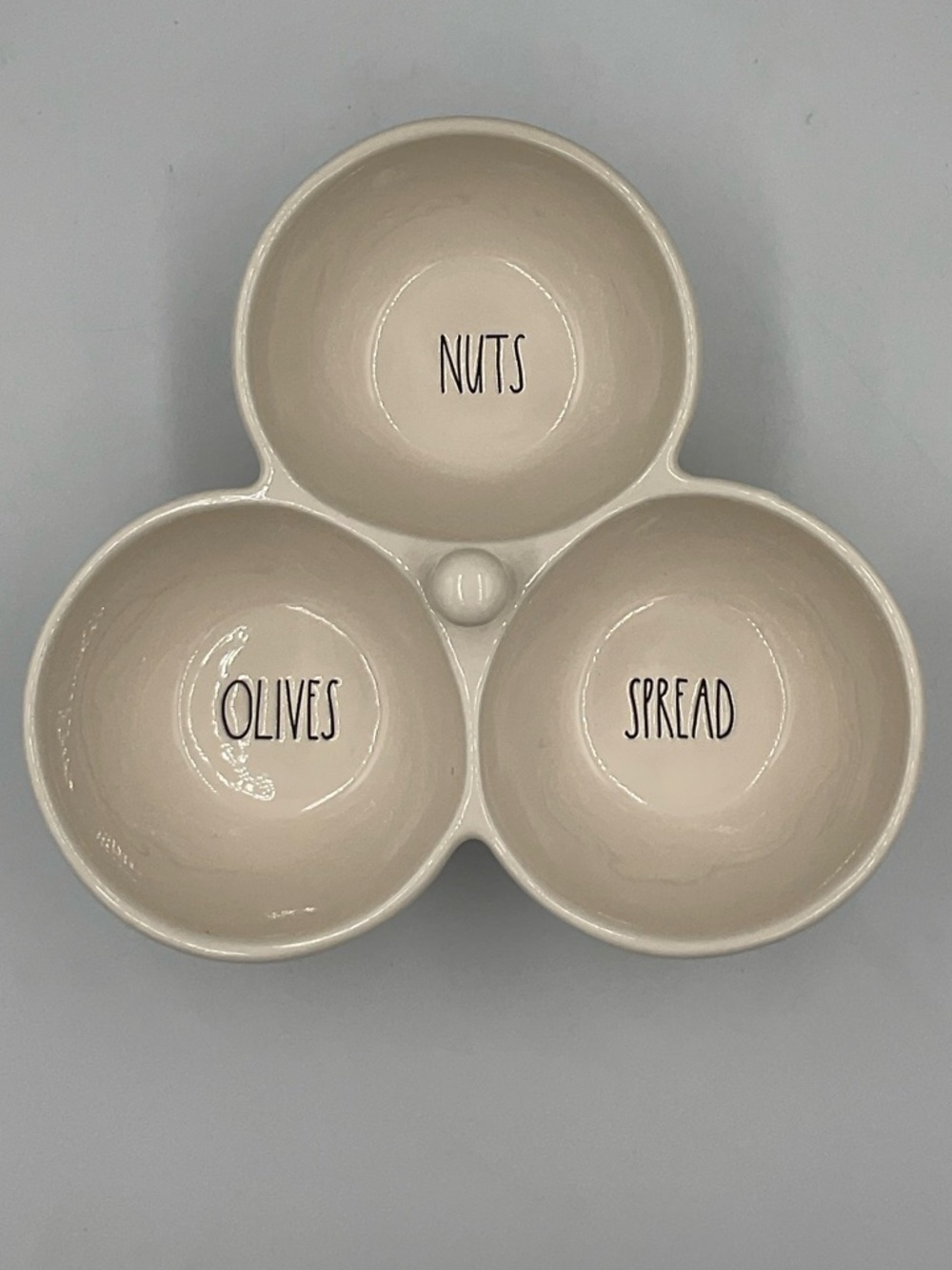 Rae Dunn NUTS OLIVES SPREAD Ceramic Tri-Section Snack Dish with Knob Handle